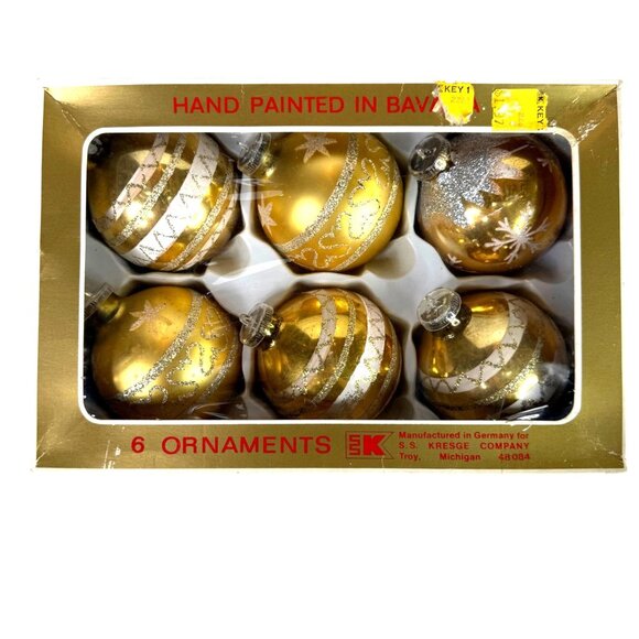 6 VTG Glass Christmas Ornament Gold stencil Mica Made W Germany Hand-Painted Box - Picture 10 of 15